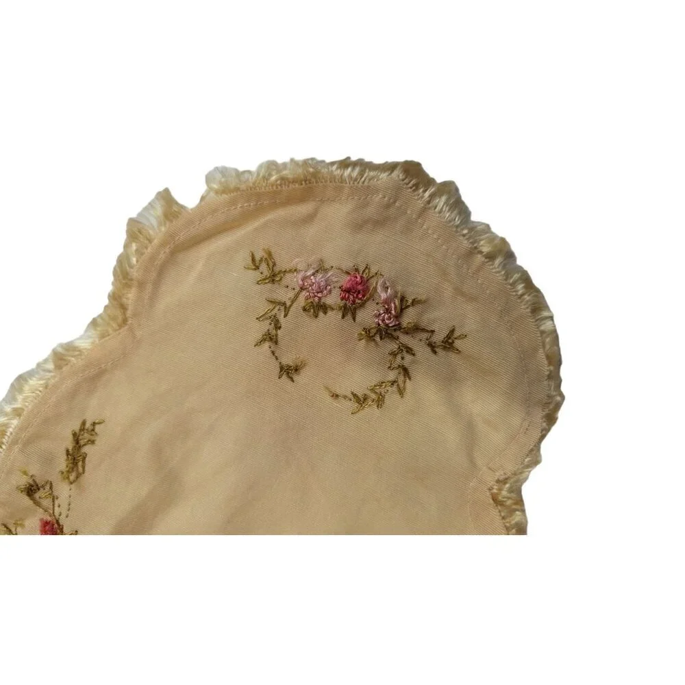 Vintage Floral Embroidered Doily Cream Oblong Table Runner Fringe Trim 15.5x9.5‎